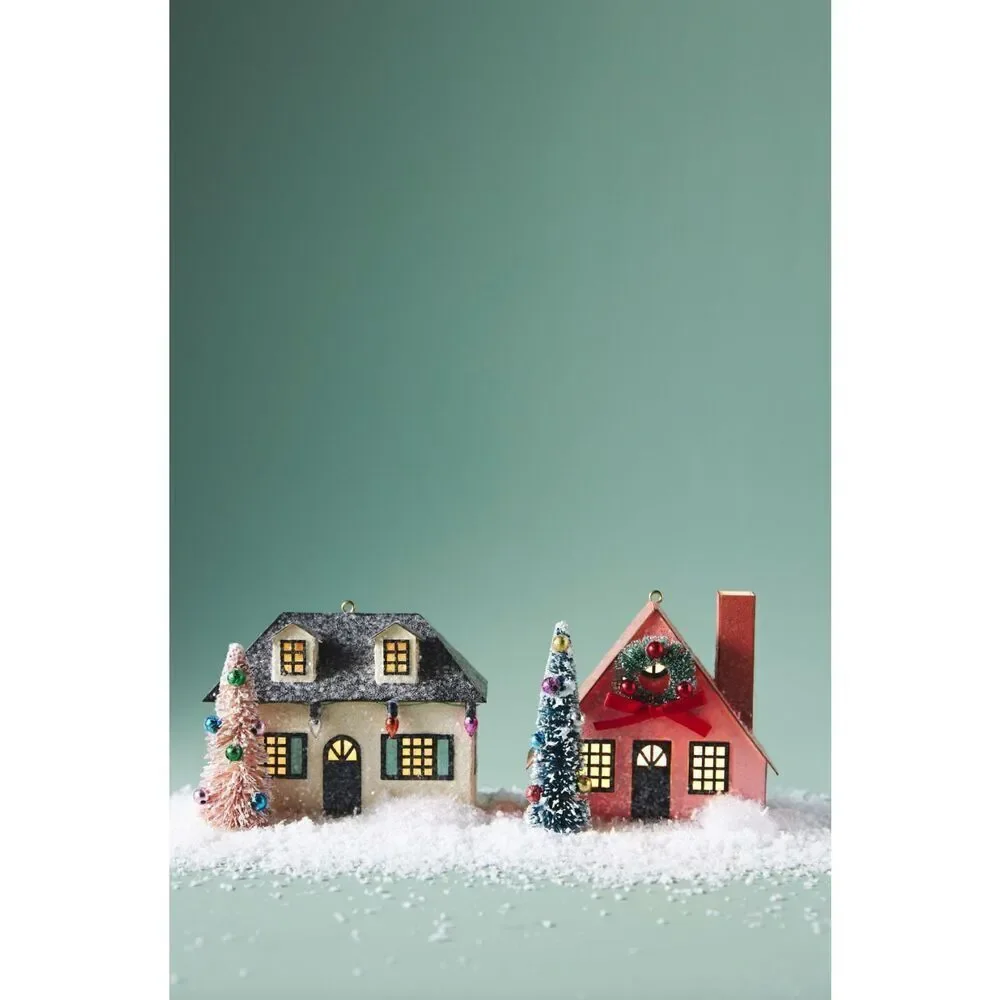 ANTHROPOLOGIE Christmas Cottage Light-Up Ornament Holiday Home Ivory NEW